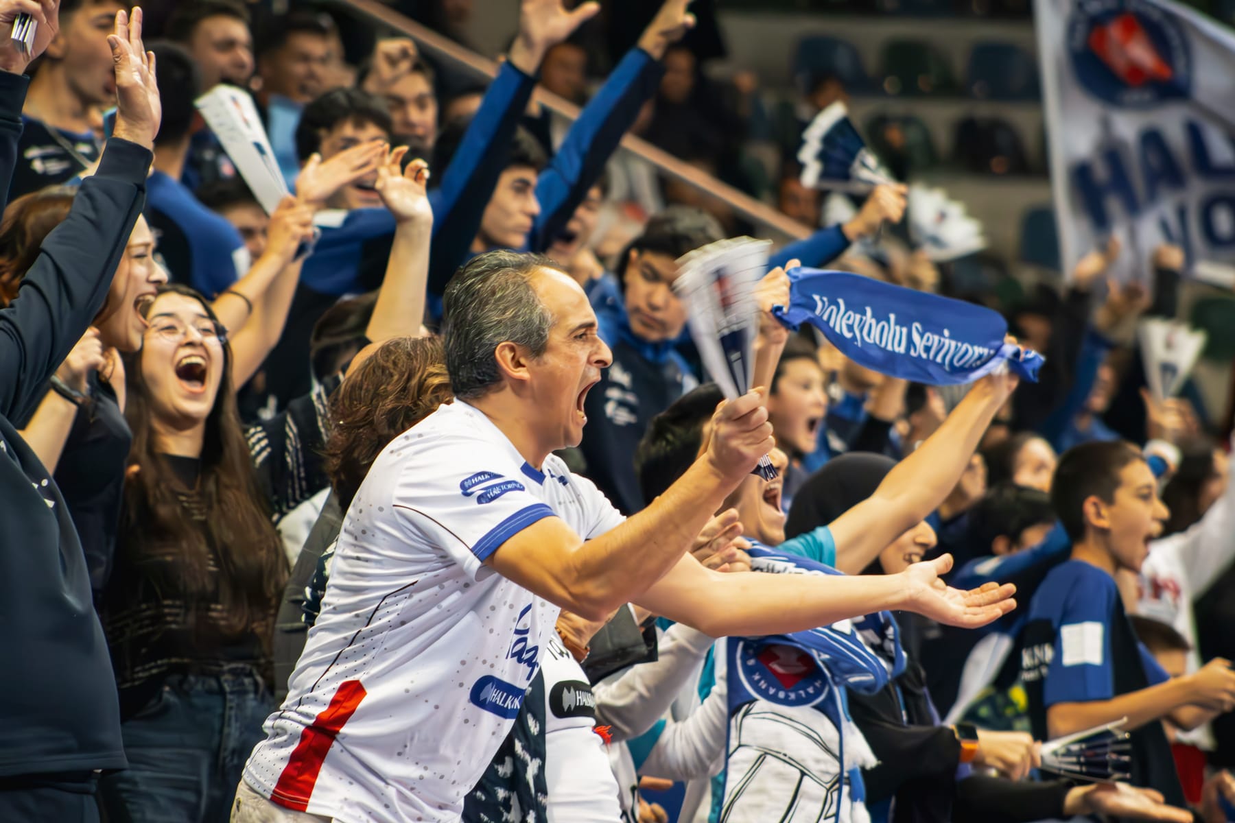 Fans on their feet in the stands, cheering and waving scarves